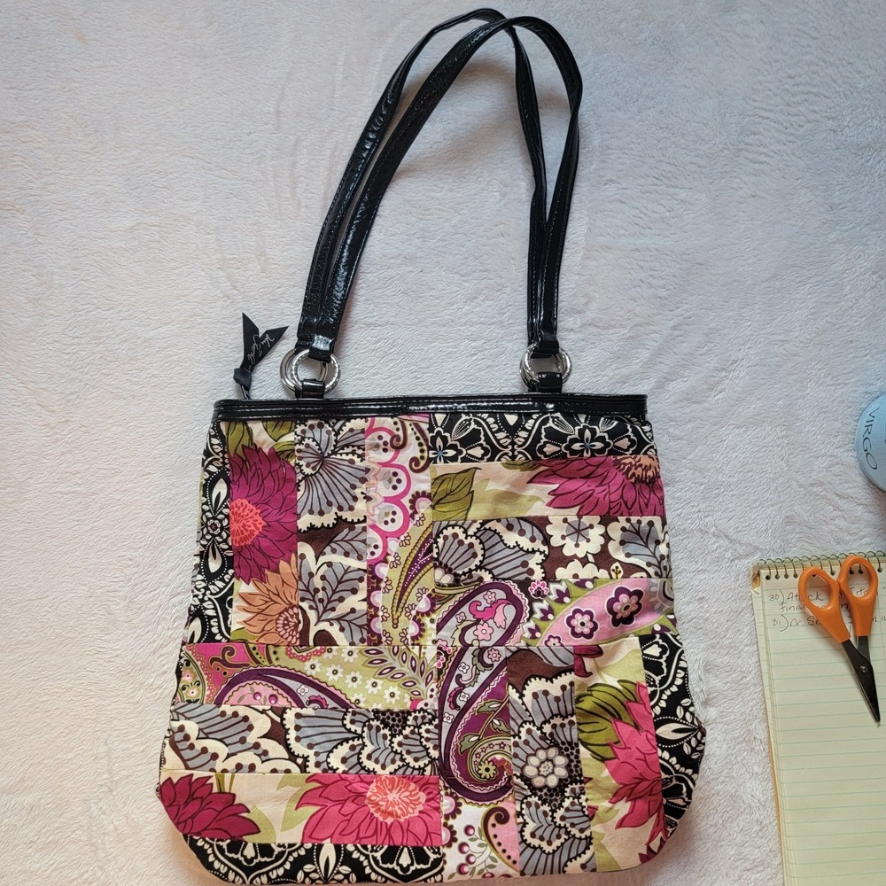 Vera Bradley Floral Multicolor Patchwork Shoulder Bag Zip Top Black Straps